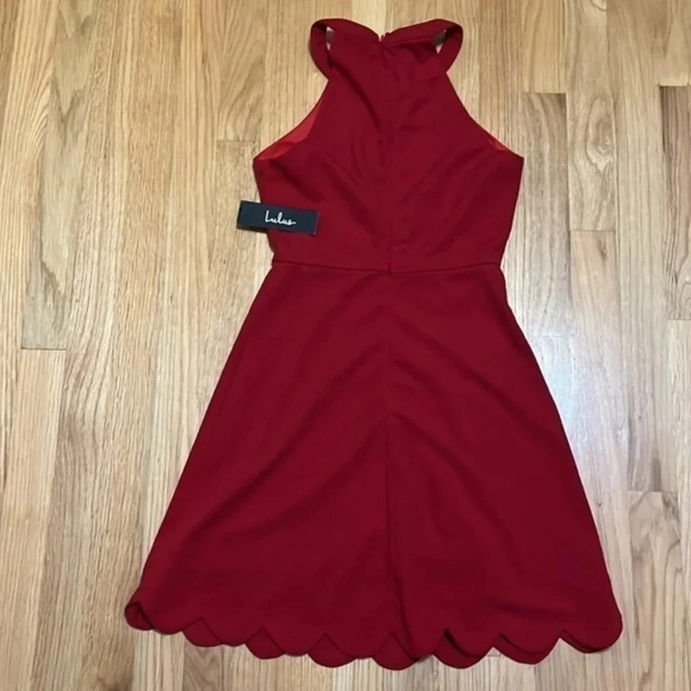 Lulu’s | NEW Favorite Feeling Wine red Halter dress Scallop hem women’s size XS - Picture 7 of 8